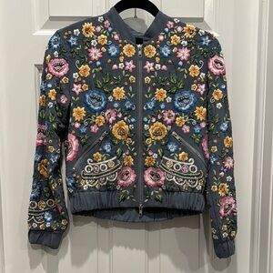 Needle & Thread Embroidered beaded floral Bomber Jacket grey